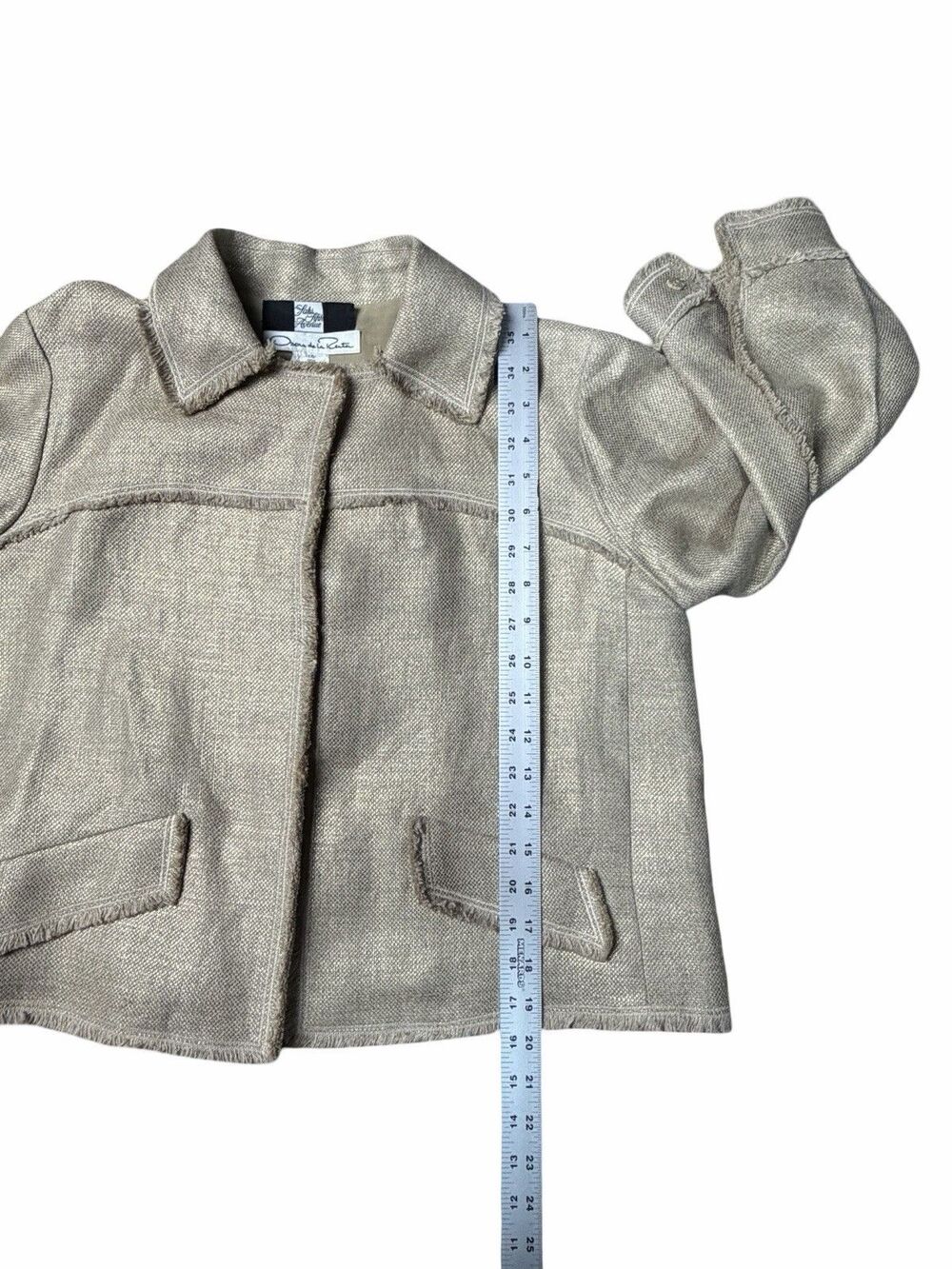 Oscar de la Renta Tweed Jacket Saks Fifth Avenue Beige Gold Shimmer Fringe Sz 10 - Picture 5 of 8